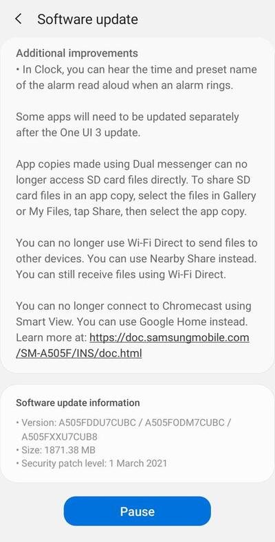 samsung a50 one ui 3 update