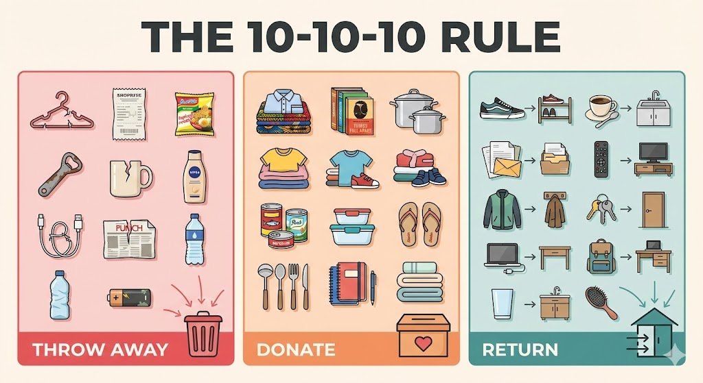 Visual diagram showing 10-10-10 decluttering rule with three categories: items to throw away, donate, and return to proper place