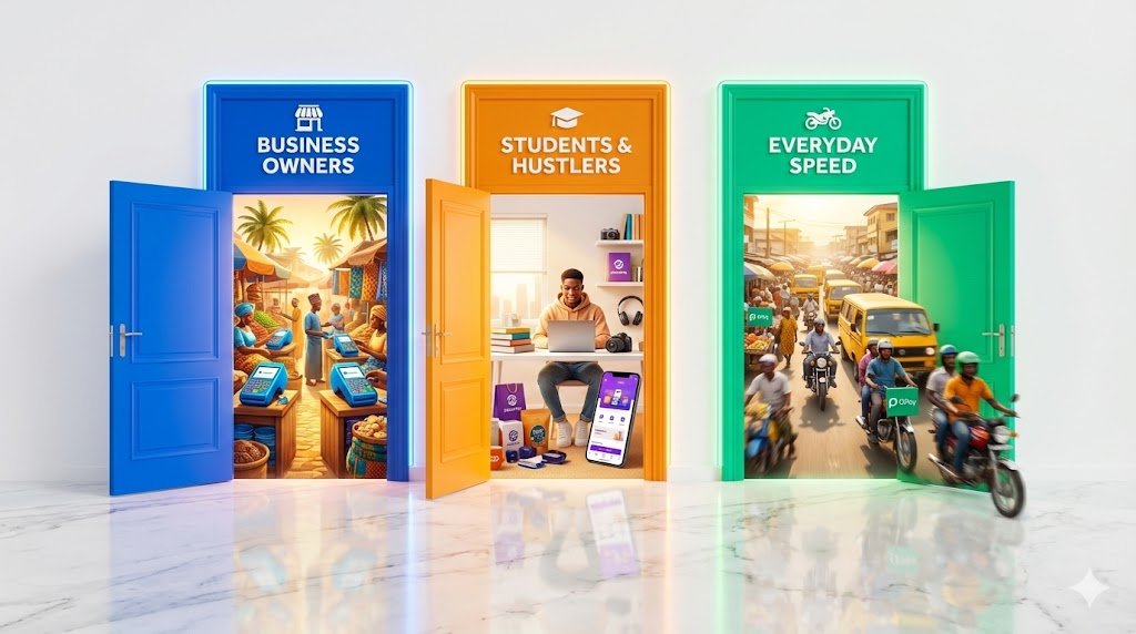 Three doors labeled for different user types, Business Owner, Student, and Everyday User, each leading to a different fintech app recommendation