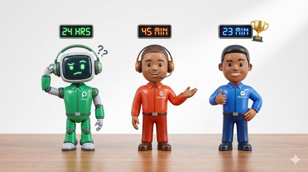 Three 3D figurines representing OPay, PalmPay, and Moniepoint customer service agents with stopwatches showing different response times
