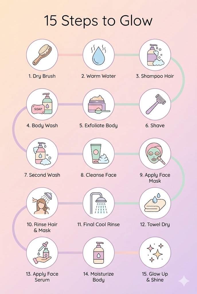 Illustrated infographic showing 15 steps of an everything shower routine from dry brushing to final moisturizing, displayed in a clean vertical flow