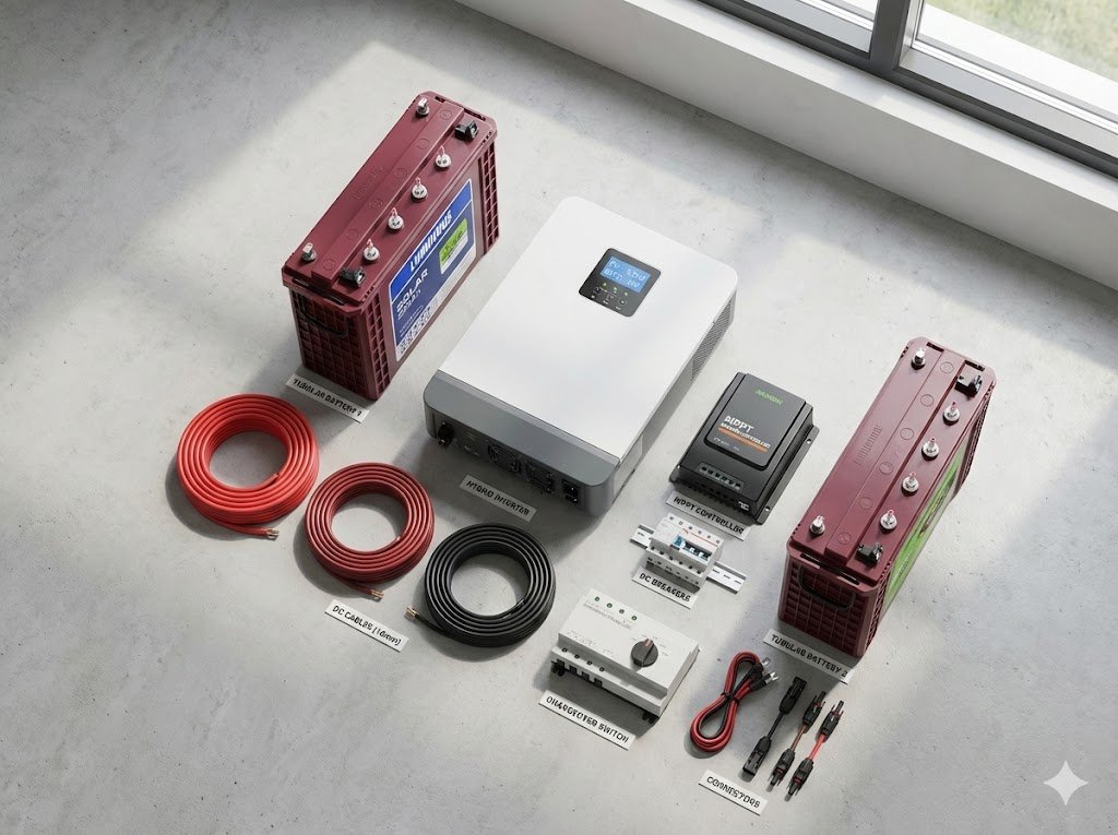 Flat lay photograph showing solar inverter components including hybrid inverter, tubular batteries, solar panels, cables and accessories on concrete floor