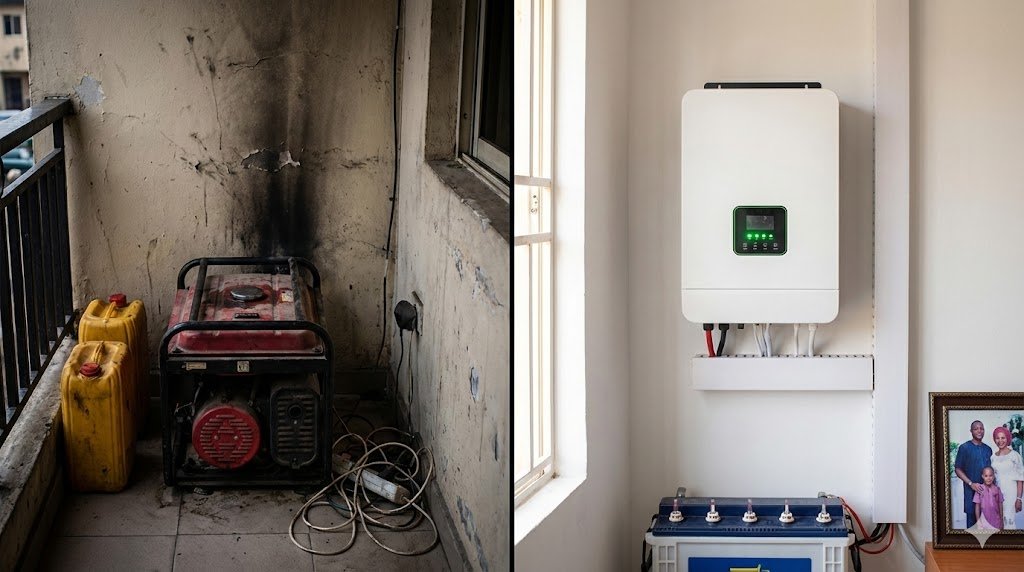 A split image showing an old petrol generator compared to a modern solar inverter setup in a Nigerian flat