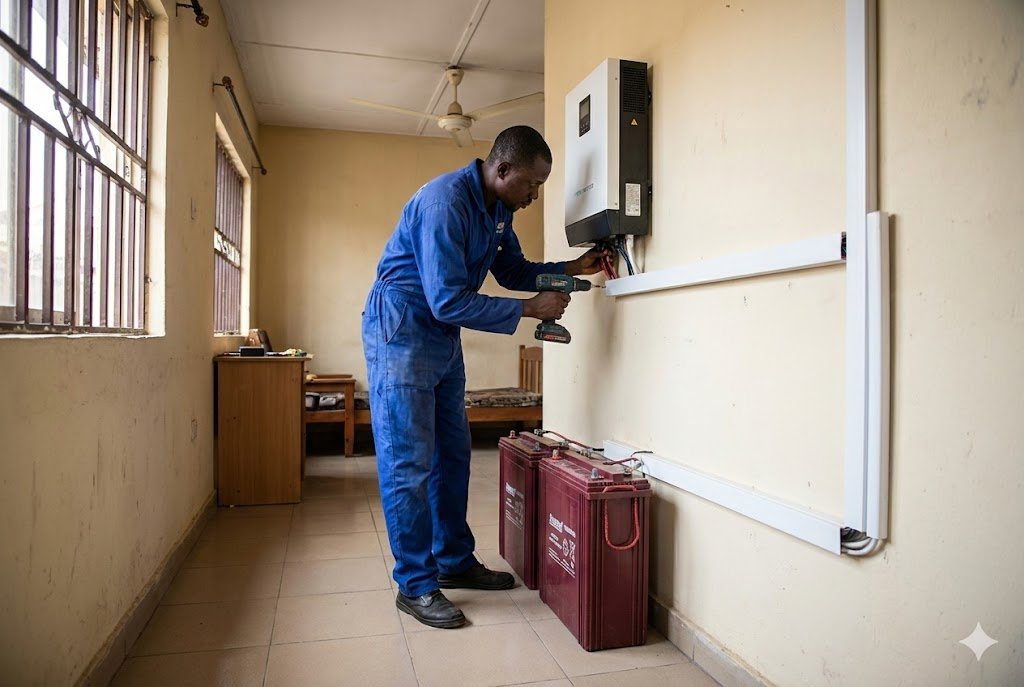 A technician professionally mounting a hybrid solar inverter on a concrete apartment wall